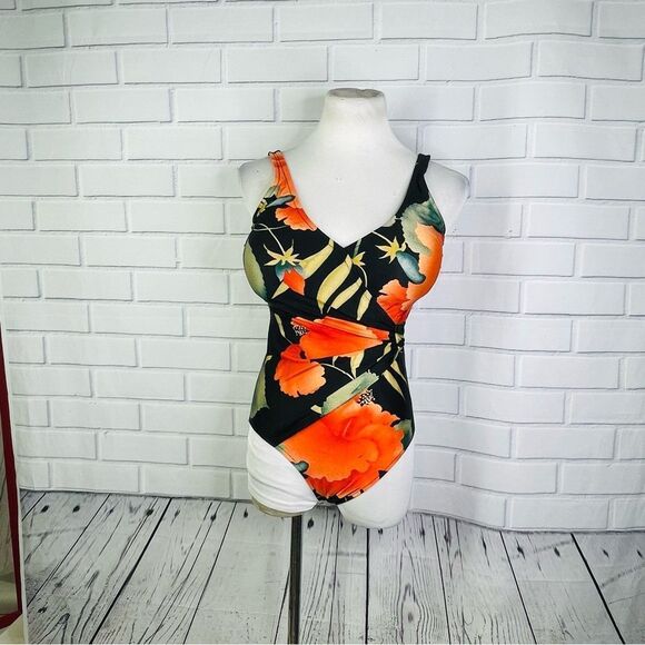 Gottex Other - Vintage Gottex Black & Orange Tropical Floral One Piece Swimsuit - Size 12